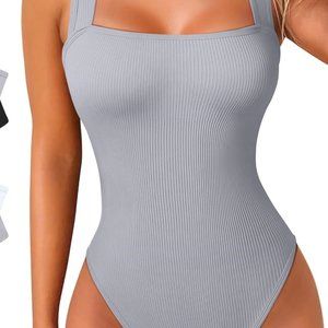 OQQ Women's Bodysuit Sexy Ribbed Strappy Square Neck Sleeveless Large